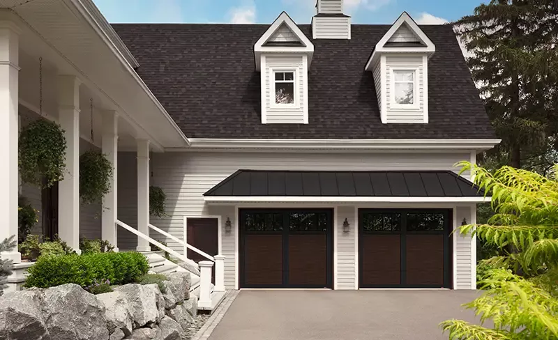 garage doors in Red Deer - Princeton P-11, 9' x 8', Dark Walnut Faux Wood doors and Black overlays, 4 vertical lite Panoramic windows with Clear glass